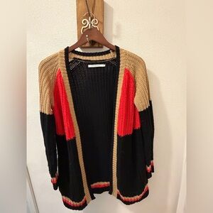Open-Front Colorblock Knit Sweater Cardigan - Black/Tan/Red